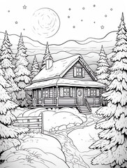 Naklejka premium A cozy cabin nestled in the woods, surrounded by snow-covered pine trees under a starry sky.