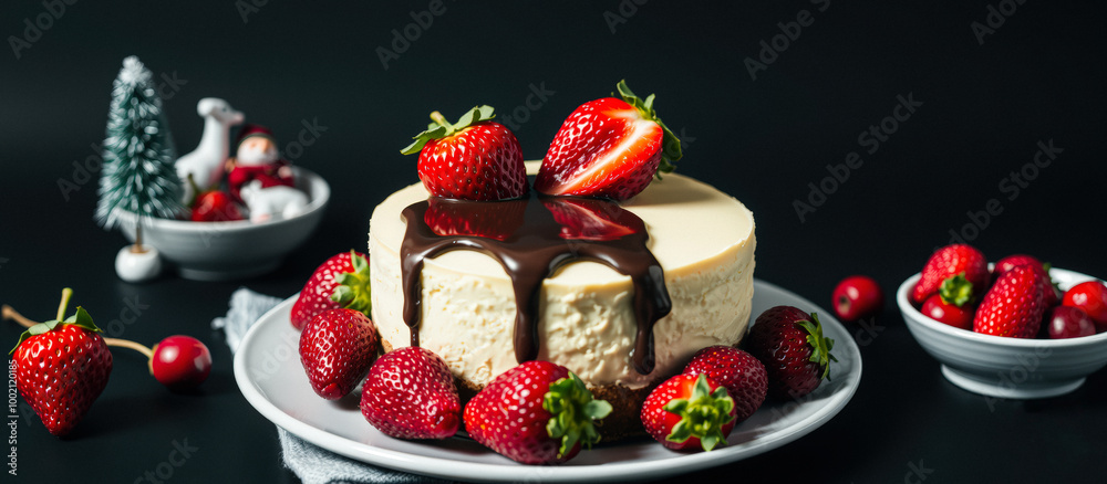 Poster Chocolate Drizzled Cheesecake with Strawberries