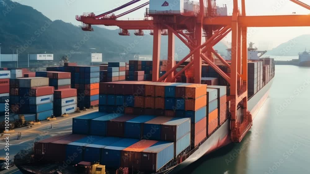 Poster Container ship is being loaded with cargo containers by a gantry crane at a busy port with mountains in the background