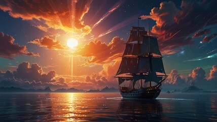 Obraz premium A single ship sails across a calm sea at sunset with shooting stars in the sky.