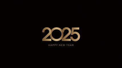 A simple, elegant, and modern gold-colored "2025 Happy New Year" text design against a black background.