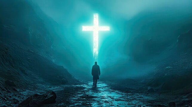 Man walking towards large glowing cross on hilltop