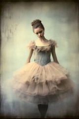 A young ballerina in a delicate, vintage tutu stands with a graceful pose, her head gently tilted down. The soft, muted tones evoke a sense of elegance, poise, and timeless beauty.