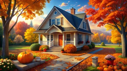 Beautiful autumn house with pumpkins and fall decor under golden leaves