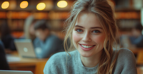 Diverse Group of Students Collaborating on a Project in a Modern Library. Young Adults Engaged in Discussion, Using Laptop and Documents, Smiling and Sharing Ideas in an Educational Setting, Ai
