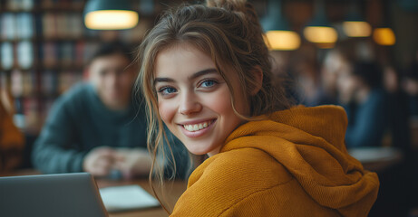 Diverse Group of Students Collaborating on a Project in a Modern Library. Young Adults Engaged in Discussion, Using Laptop and Documents, Smiling and Sharing Ideas in an Educational Setting, Ai