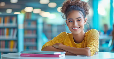 Diverse Group of Students Collaborating on a Project in a Modern Library. Young Adults Engaged in Discussion, Using Laptop and Documents, Smiling and Sharing Ideas in an Educational Setting, Ai