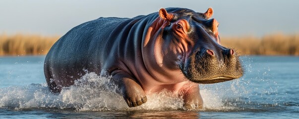 Fototapeta premium Huge hippo creating a massive splash while playing in a lake, sunlight highlighting its warm-blooded nature, water droplets frozen in the air, dynamic and detailed