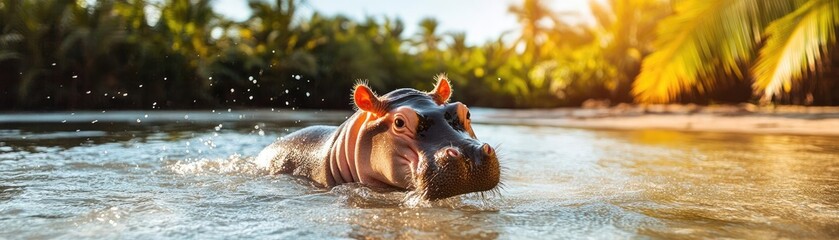 Fototapeta premium Vulnerable baby hippo frolicking in a shallow river, outdoors in a lush jungle setting, playful splashes under the warm sunlight, ultra-detailed and heartwarming scene