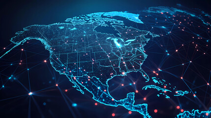 Digital map of USA, concept of North America global network and connectivity, data transfer and cyber technology, information exchange and telecommunication Generative AI