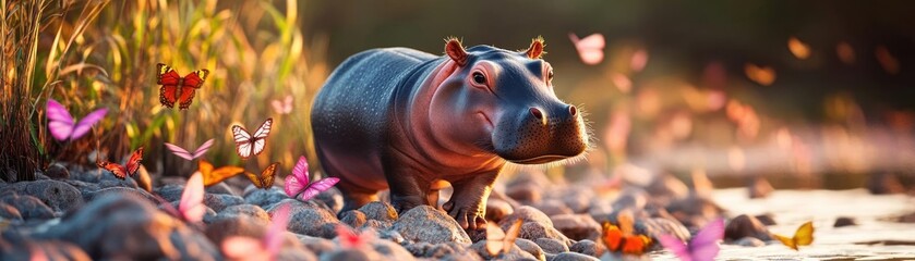 Wild juvenile hippo exploring a rocky riverbank, charmingly curious, surrounded by butterflies and tall grasses, warm and natural lighting, realistic textures