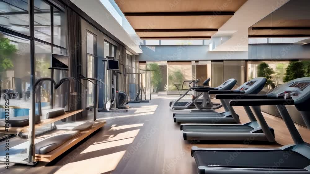 Poster Sleek treadmills in a modern gym with sunlight streaming through panoramic windows, creating an inviting space for a workout. Tranquil empty gym with wooden floors ideal for a healthy lifestyle