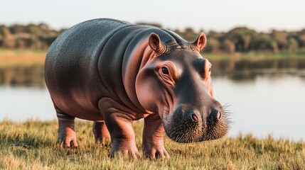 Baby hippo grazing near a riverbank, clean and untouched habitat, promoting wildlife conservation, soft morning light, detailed textures and photorealistic nature