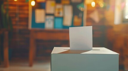Close-up of a voting ballot box surrounded by election posters and campaign signs, representing the democratic process and commitment to the future.
