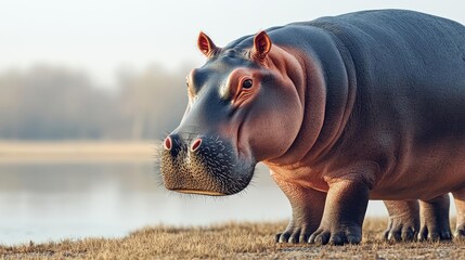 Fototapeta premium Baby hippo grazing near a riverbank, clean and untouched habitat, promoting wildlife conservation, soft morning light, detailed textures and photorealistic nature