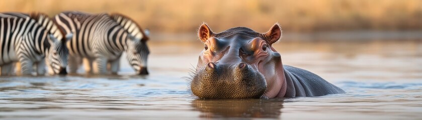 Fototapeta premium Hippo calf swimming in a tranquil river with zebras drinking nearby, savanna landscape under a soft afternoon sun, wilderness harmony, photorealistic details