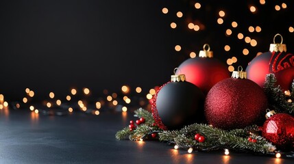 Fototapeta premium Bold black Christmas backdrop with striking red accents, featuring large ornaments and glowing lights for a dramatic holiday scene