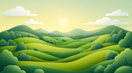 Obraz premium Lush green hills and valleys under a pastel sky at sunrise with gentle clouds and a warm glow illuminating the landscape