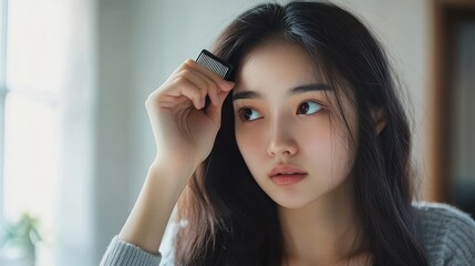 Fototapeta premium Young woman with long black hair looking off to the side while holding a comb to her hair.