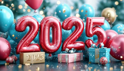 Obraz premium Red Balloon Number 2025 New Year Celebration