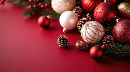 Rich red texture with intricate holiday decorations, featuring elegant patterns and metallic accents for a festive design