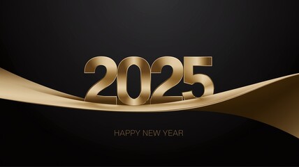 2025 Happy New Year, Gold Numbers, Black Background, Elegant Design,  New Year Celebration.