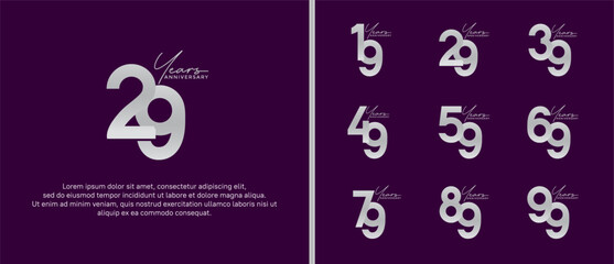 set of anniversary logo flat silver color on purple background for celebration moment