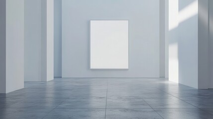 Mock up frame in a minimalist empty space with clean white walls, no furniture or decorations, sharp and clear details in the walls and flooring, 3D render 