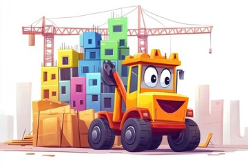 Fototapeta premium A Cartoon Construction Truck Smiles as It Works on a Multi-Story Building Project