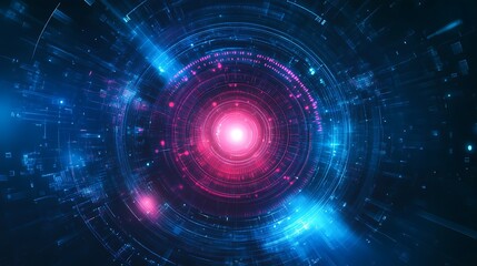 Abstract glowing futuristic technology background with red light in the center.