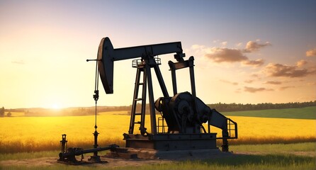 Naklejka premium energy and agriculture oil pump in the midst of picturesque countryside fields,
