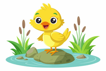 A cheerful yellow duckling with big green eyes stands proudly on a rock surrounded by water. The duckling has small wings spread out as if it's about to fly. The rock is covered with green grass, 