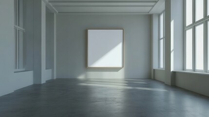 Mock up frame in a Scandinavian-inspired empty space with soft grey walls, no decorations or furniture, highly detailed floor and wall texture, 3D render 