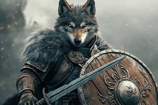A wolf warrior with a sword and shield, standing before a smoke-filled background.
