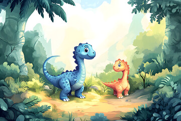 Fototapeta premium Cute cartoon dinosaur frame border on background in watercolor style.