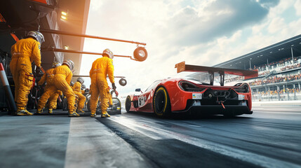 Professional Pit Crew Ready for Action During Pit Stop in Car Race - Teamwork Concept