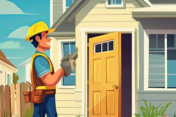 Obraz premium Cartoon Construction Worker Installing a New Door