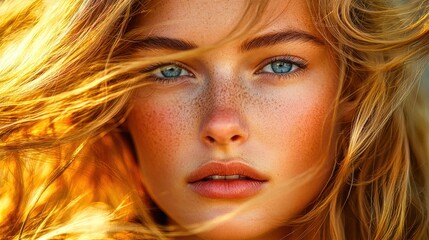 Naklejka premium Beautiful model posing with red lipstick and long red hair
