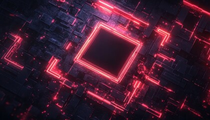 Fototapeta premium Abstract Digital Space with Red Neon Glowing Lines