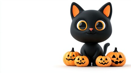 Cute black cat with large eyes beside smiling pumpkins, perfect for Halloween themes.