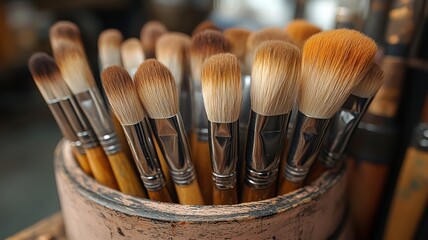 Set of professional makeup brushes arranged in a container emphasizing beauty and cosmetic tools