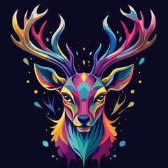 A colorful deer head with rainbow colors and a splash of water