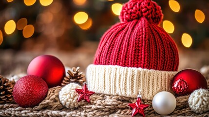 Red and white winter hat surrounded by christmas ornaments and blurred lights