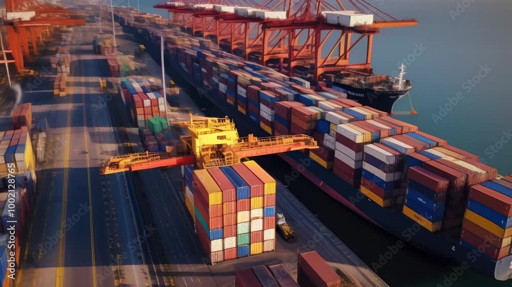 Poster Aerial view of a container ship being loaded with cargo containers at a busy port terminal, with cranes moving containers around