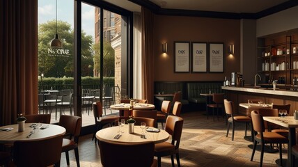 Fototapeta premium A modern, well-lit restaurant interior with large windows, brown leather chairs, wood tables, and a bar in the background.