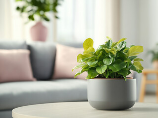 Money Wood Plant in Modern Gray Pot on Table with Light Gray Sofa and Pink Vase in Background