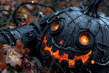 Fototapeta premium Halloween pumpkin foggy neon light background. A futuristic twist on the classic Halloween pumpkin, this cybernetic, Lantern features mechanical elements, glowing eyes, and intricate circuitry