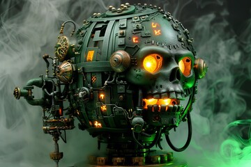 Halloween pumpkin foggy neon light background. A futuristic twist on the classic Halloween pumpkin, this cybernetic, Lantern features mechanical elements, glowing eyes, and intricate circuitry