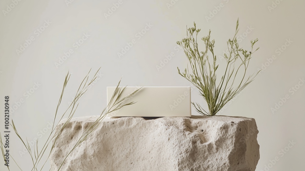 Poster a minimalist display of a white rectangular object atop a textured stone with delicate greenery agai