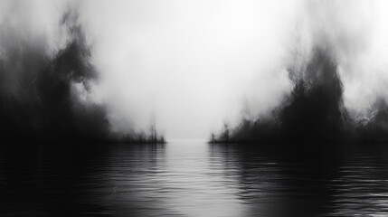 Obraz premium Abstract. Black mist over calm water with a foggy horizon